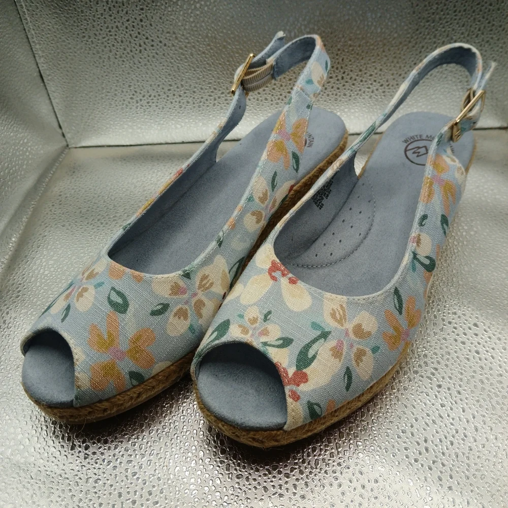 White Mountain Blue Floral Espadrille Wedges Slingback Peeptoes Women's Size 8